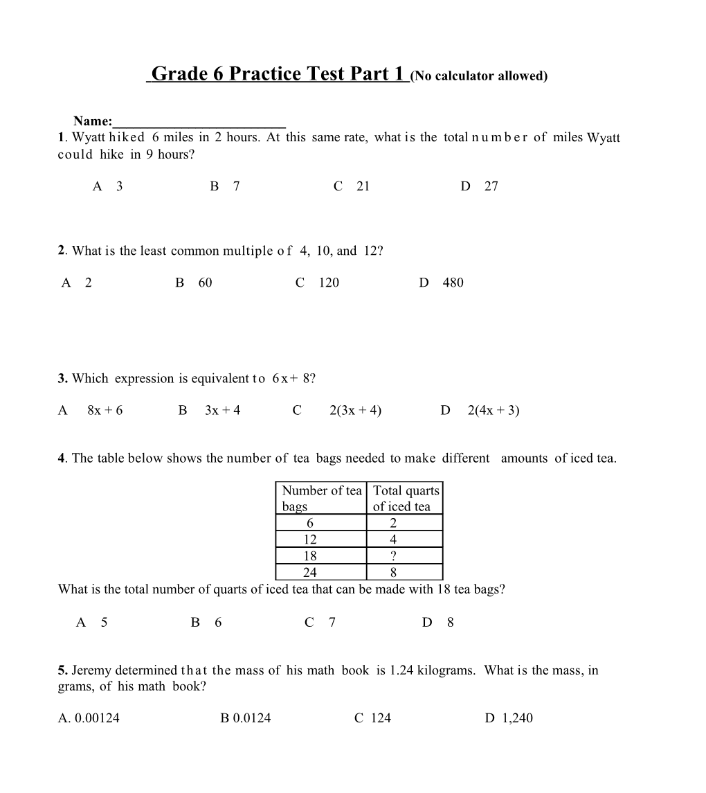 Grade 6 Practice Test Part 1 (No Calculator Allowed)