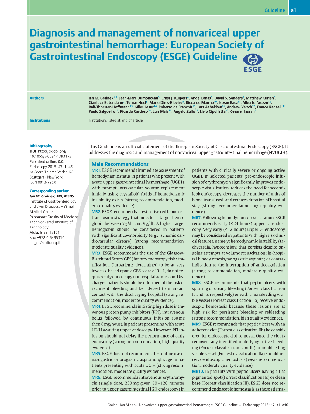 Diagnosis and Management of Nonvariceal Upper Gastrointestinal Hemorrhage: European Society of Gastrointestinal Endoscopy (ESGE) Guideline