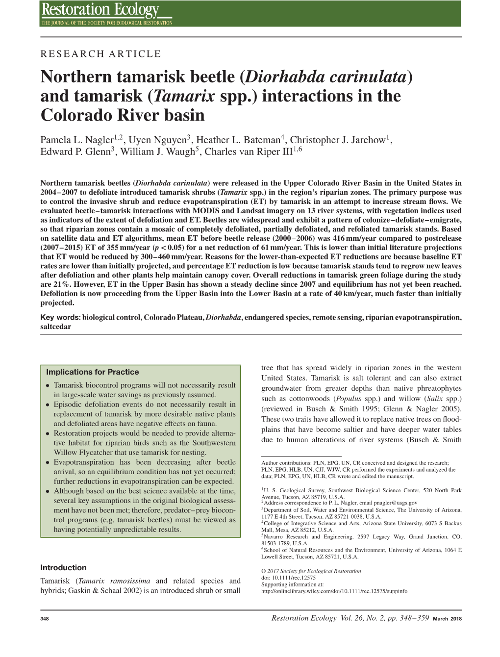 Northern Tamarisk Beetle (Diorhabda Carinulata) and Tamarisk (Tamarix Spp.) Interactions in the Colorado River Basin Pamela L