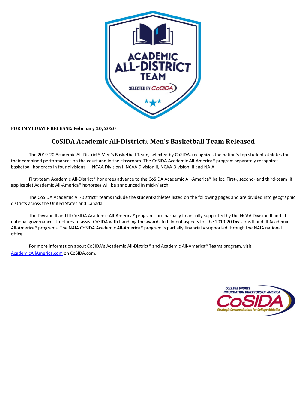 Cosida Academic All-District® Men's Basketball Team Released