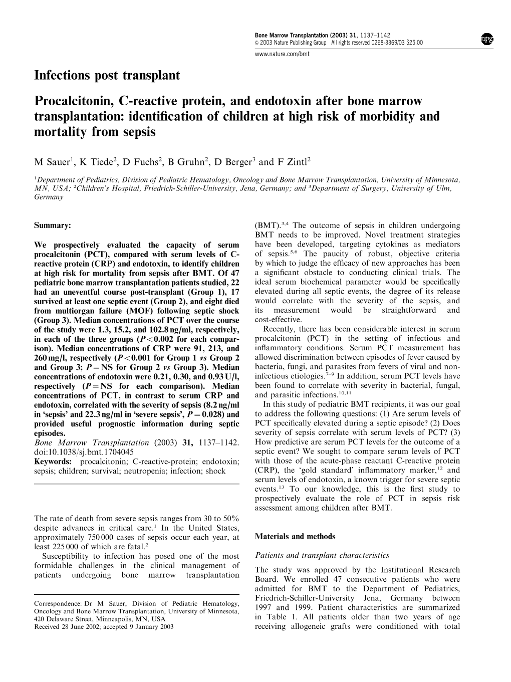 Infections Post Transplant Procalcitonin, C-Reactive Protein, and Endotoxin