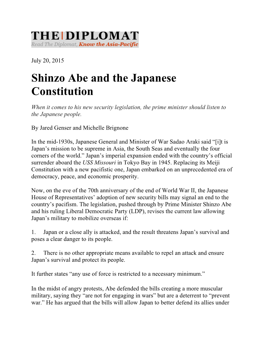 Shinzo Abe and the Japanese Constitution