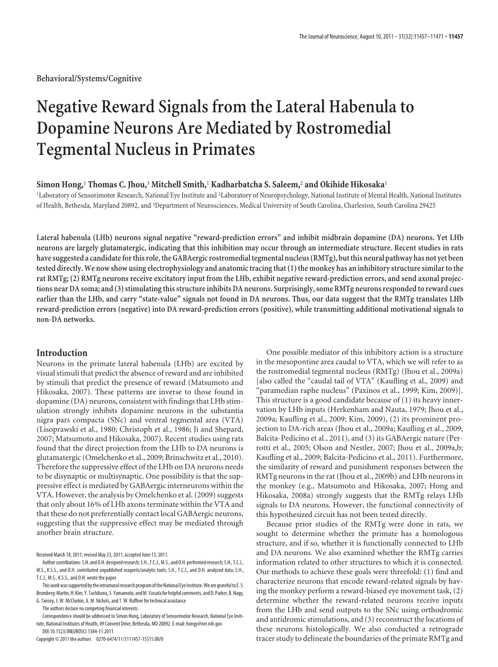 Negative Reward Signals from the Lateral Habenula to Dopamine Neurons Are Mediated by Rostromedial Tegmental Nucleus in Primates