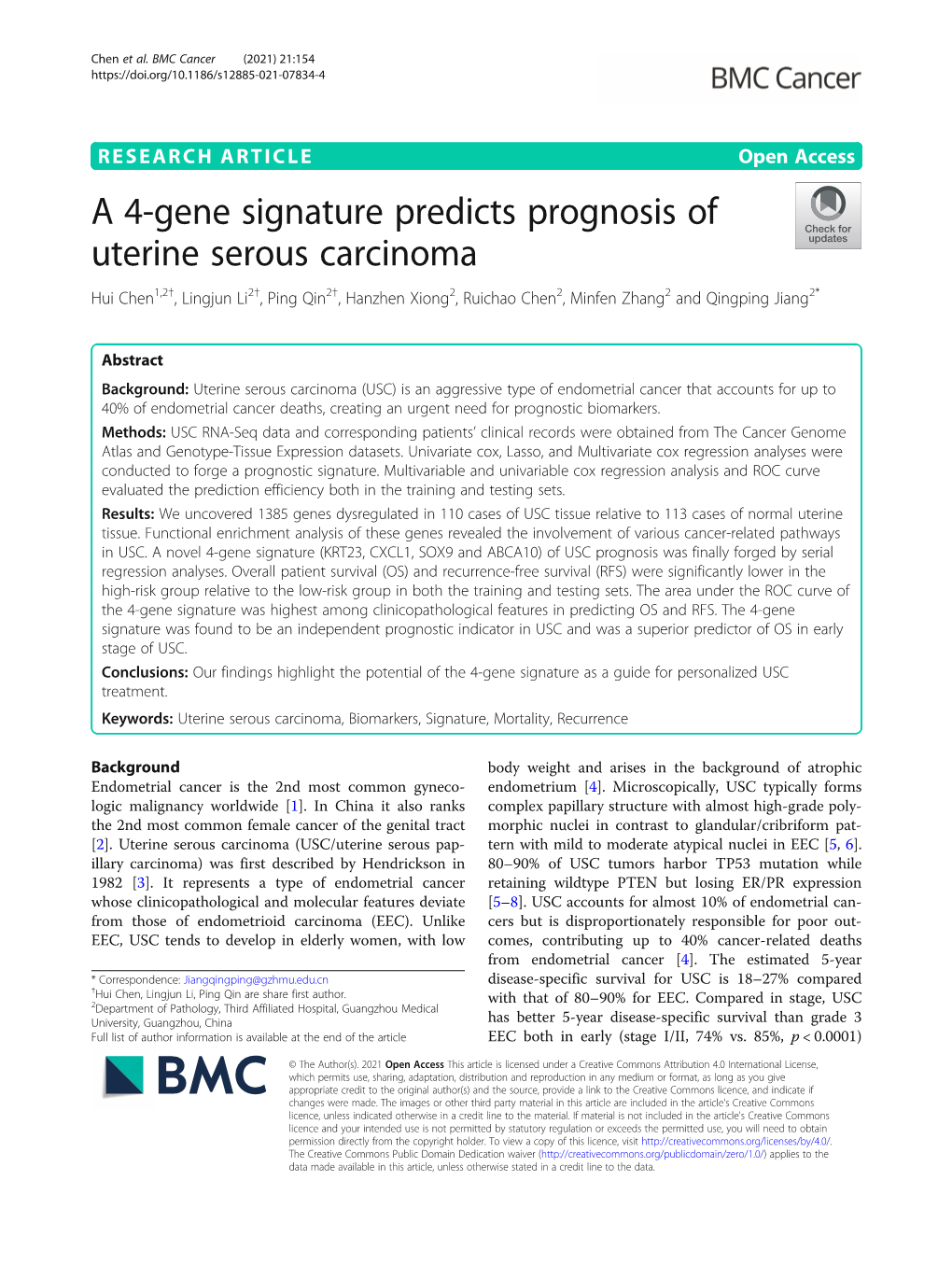 A 4-Gene Signature Predicts Prognosis of Uterine Serous Carcinoma