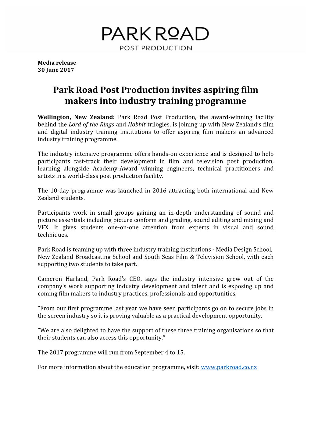 Park Road Post Production Invites Aspiring Film Makers Into Industry Training Programme