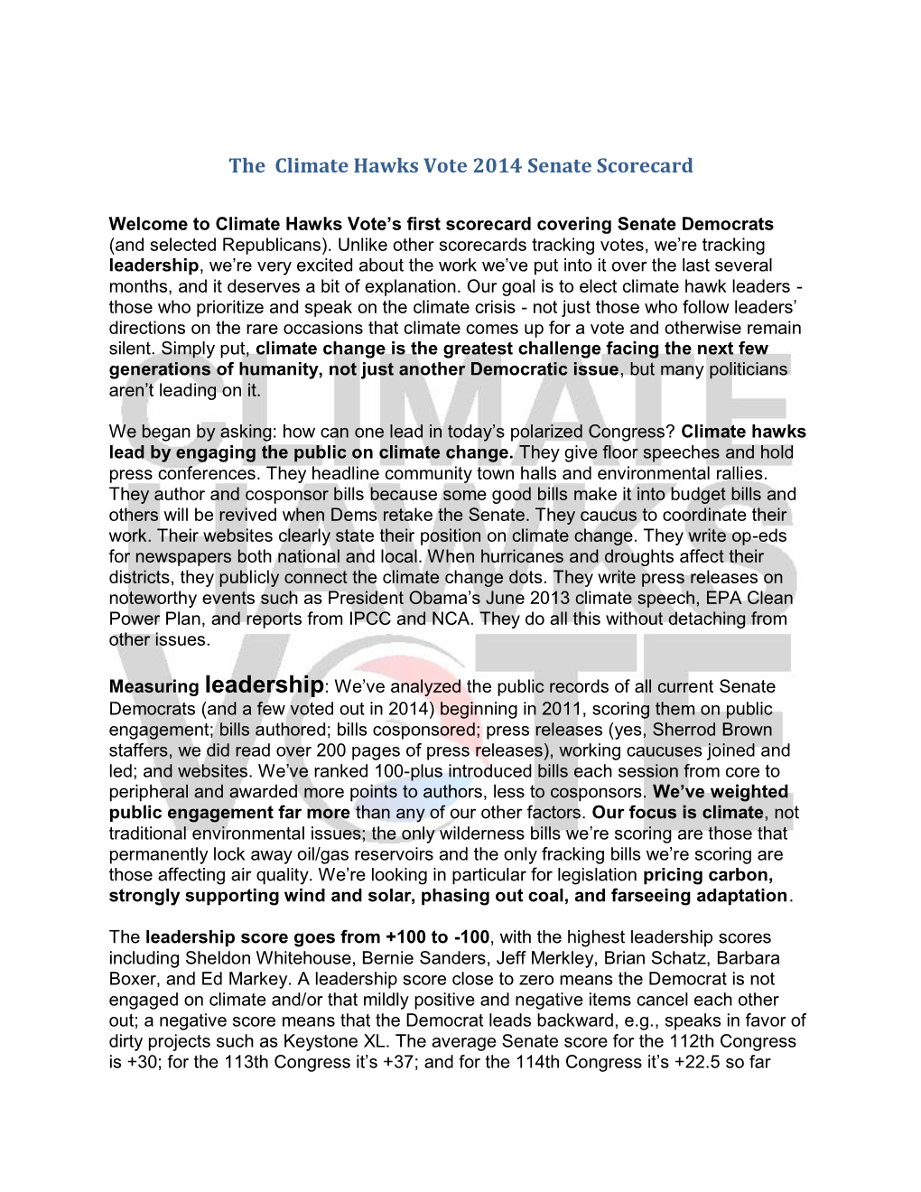 The Climate Hawks Vote 2014 Senate Scorecard