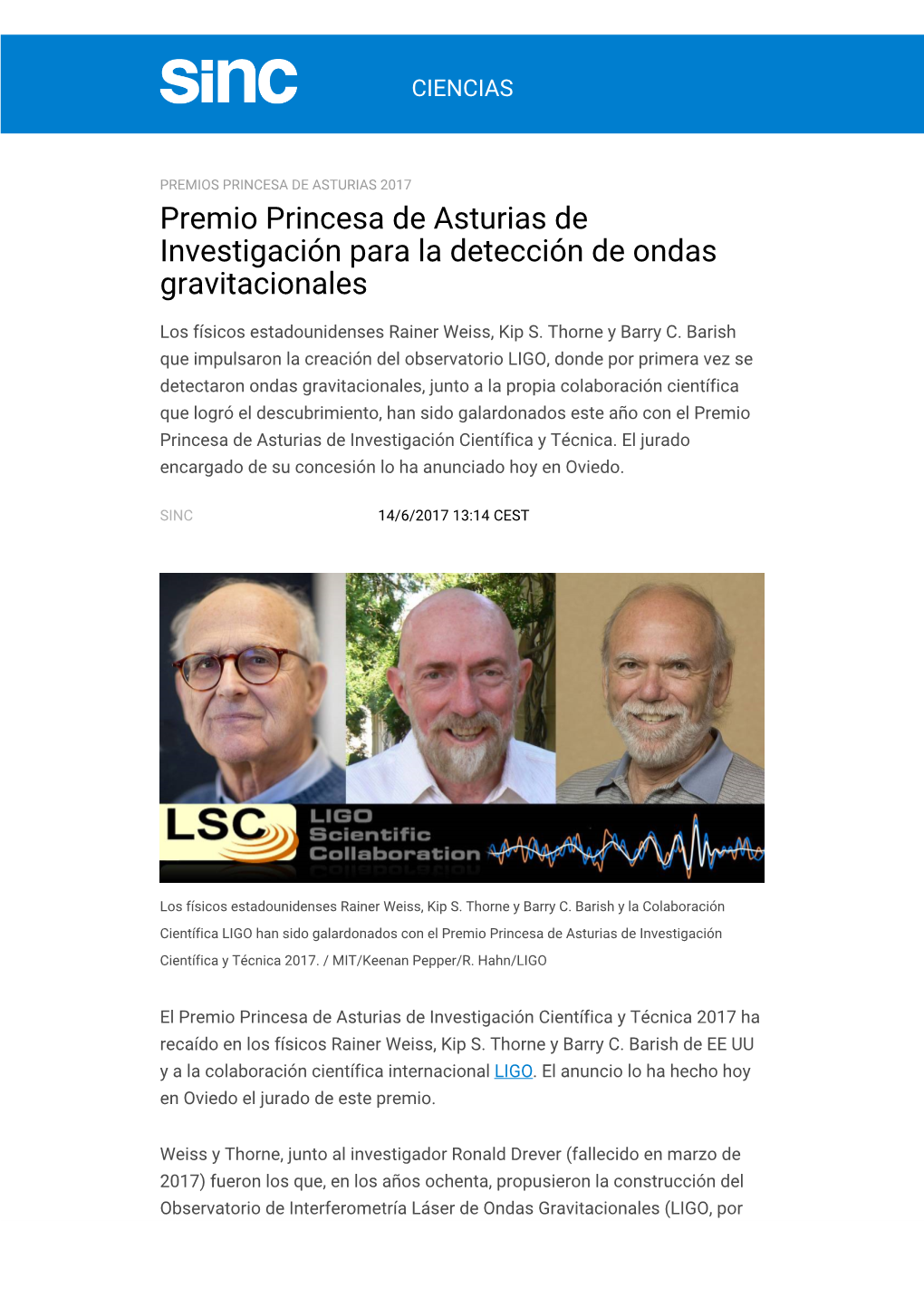 Premio Princesa De Asturias De Investigación Para La Detección De Ondas Gravitacionales