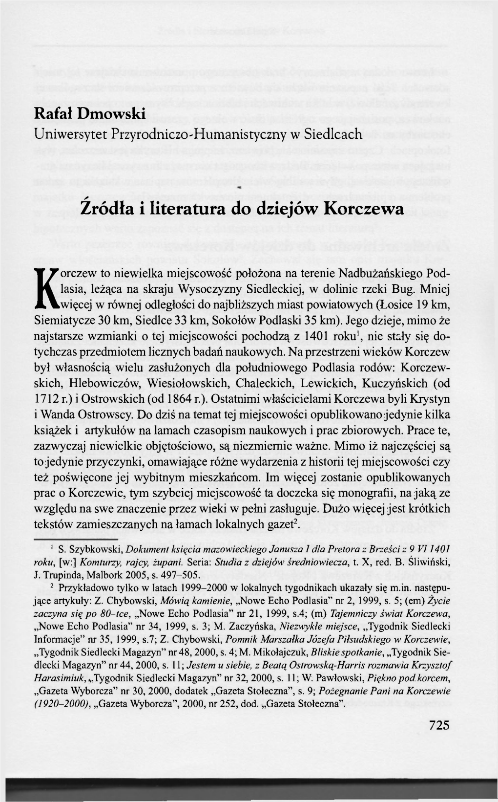 Źródła I Literatura Do Dziejów Korczewa