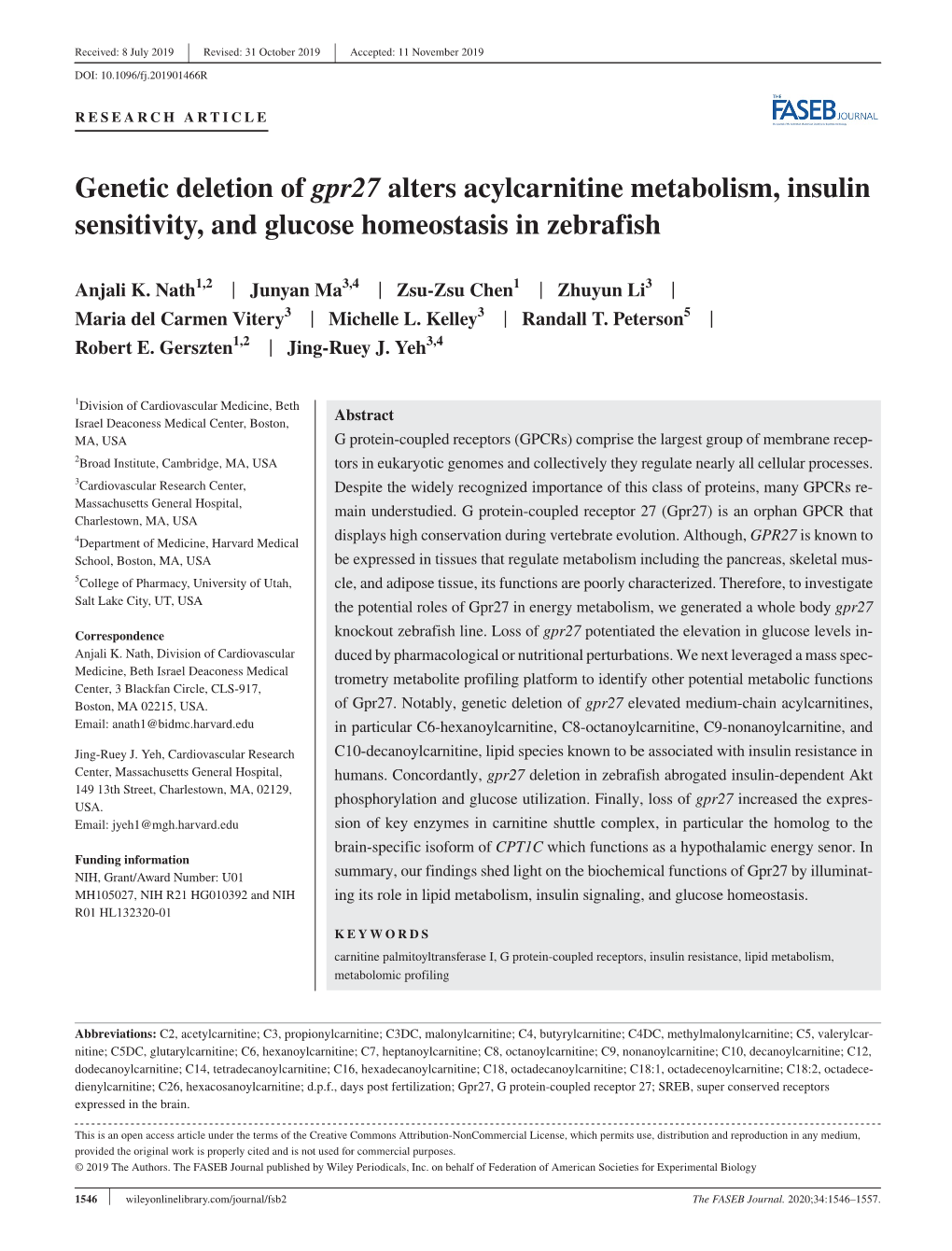 Genetic Deletion of Gpr27 Alters Acylcarnitine Metabolism, Insulin Sensitivity, and Glucose Homeostasis in Zebrafish