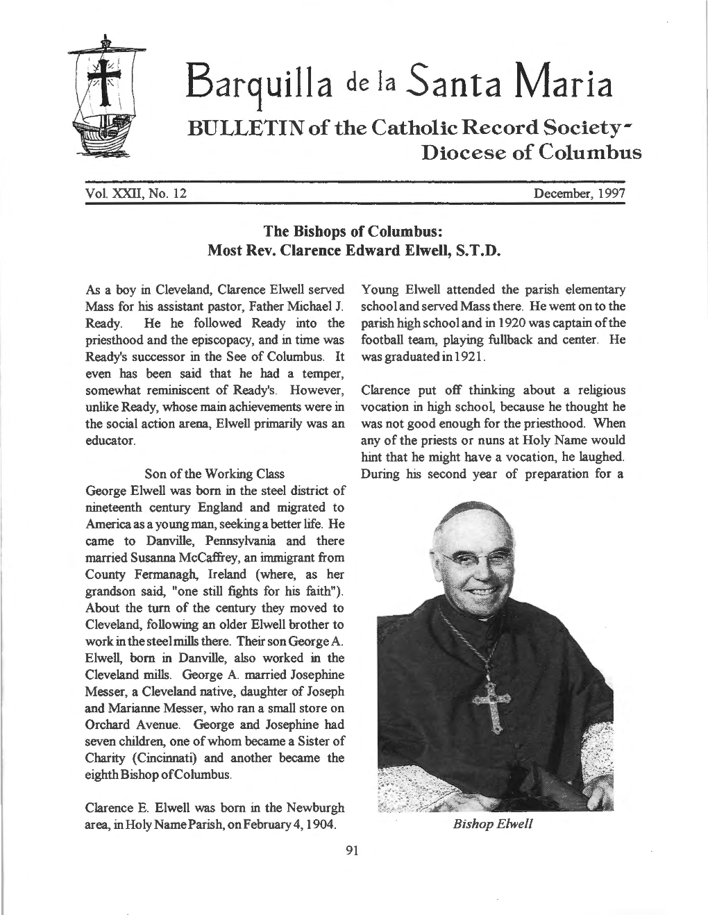 Barquilla De Ia Santa Maria BULLETIN of the Catholic Record Society­ Diocese of Columbus