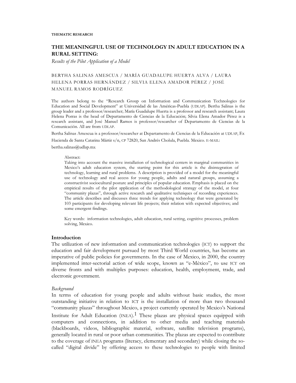 THE MEANINGFUL USE of TECHNOLOGY in ADULT EDUCATION in a RURAL SETTING: Results of the Pilot Application of a Model