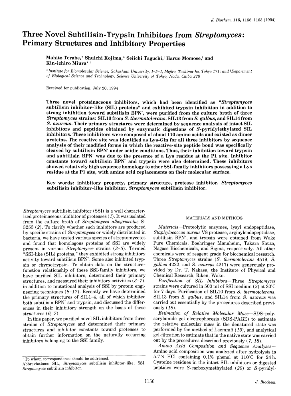 Three Novel Subtilisin-Trypsin Inhibitors from Streptomyces: Primary Structures and Inhibitory Properties