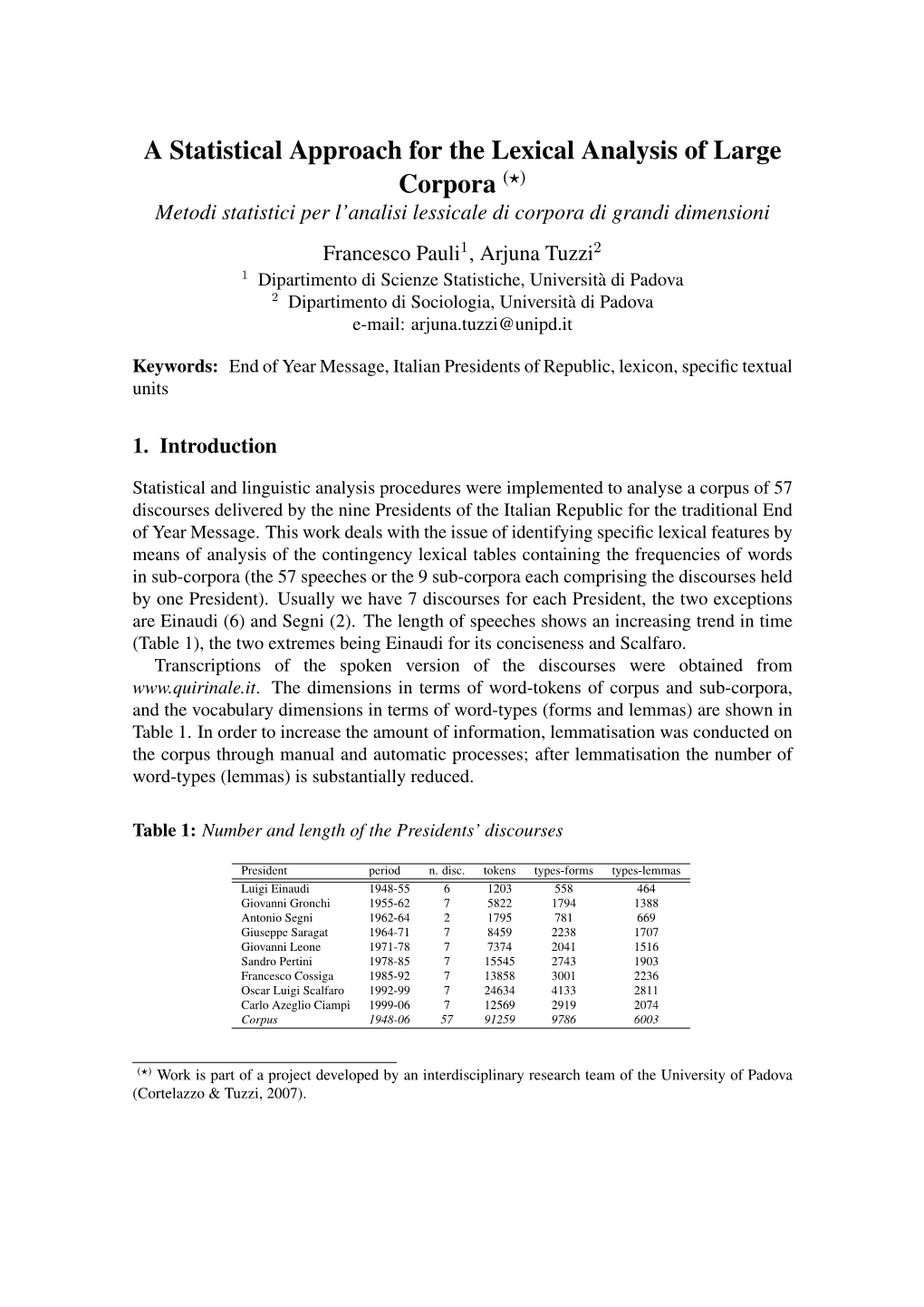 A Statistical Approach for the Lexical Analysis of Large Corpora