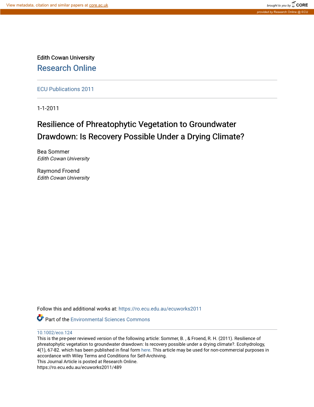 Resilience of Phreatophytic Vegetation to Groundwater Drawdown: Is Recovery Possible Under a Drying Climate?