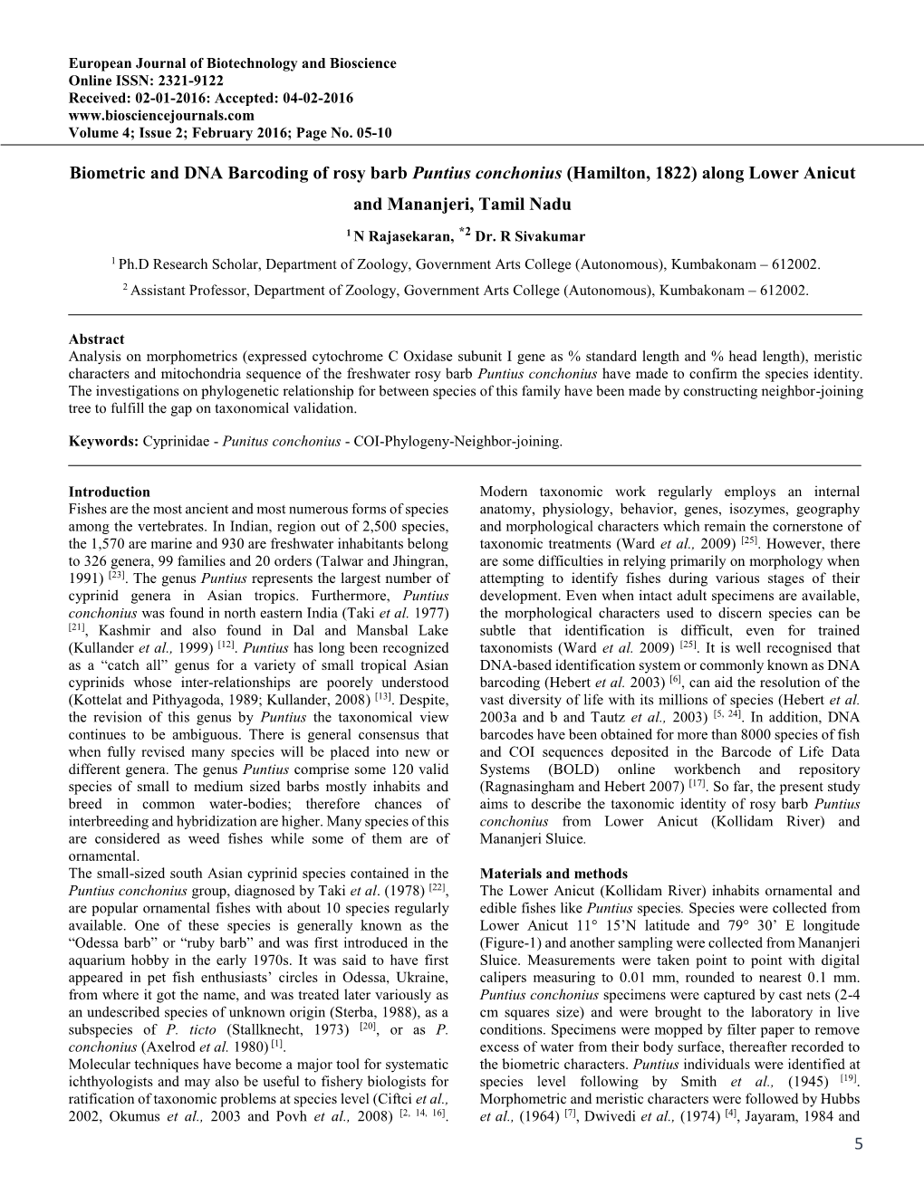 5 Biometric and DNA Barcoding of Rosy Barb Puntius Conchonius