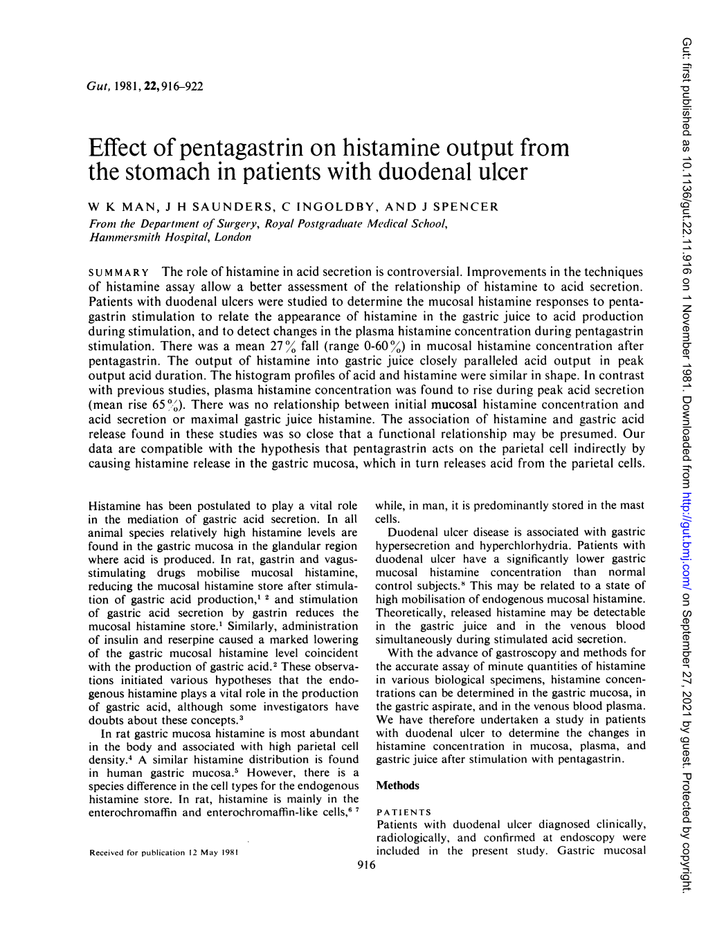 Effect of Pentagastrin on Histamine Output from the Stomach in Patients