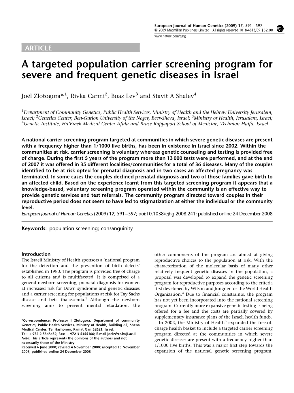 A Targeted Population Carrier Screening Program for Severe and Frequent Genetic Diseases in Israel