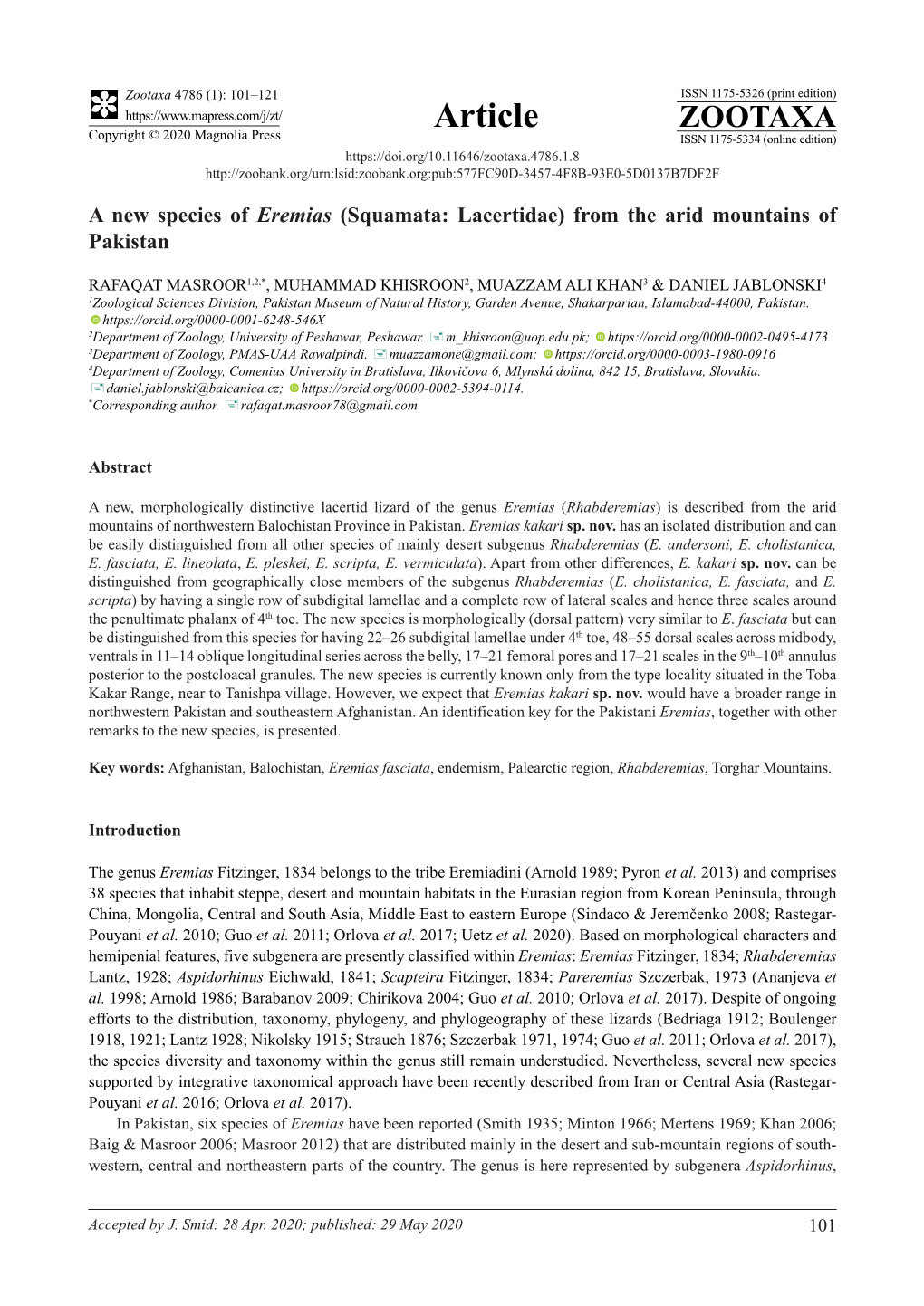 A New Species of Eremias (Squamata: Lacertidae) from the Arid Mountains of Pakistan