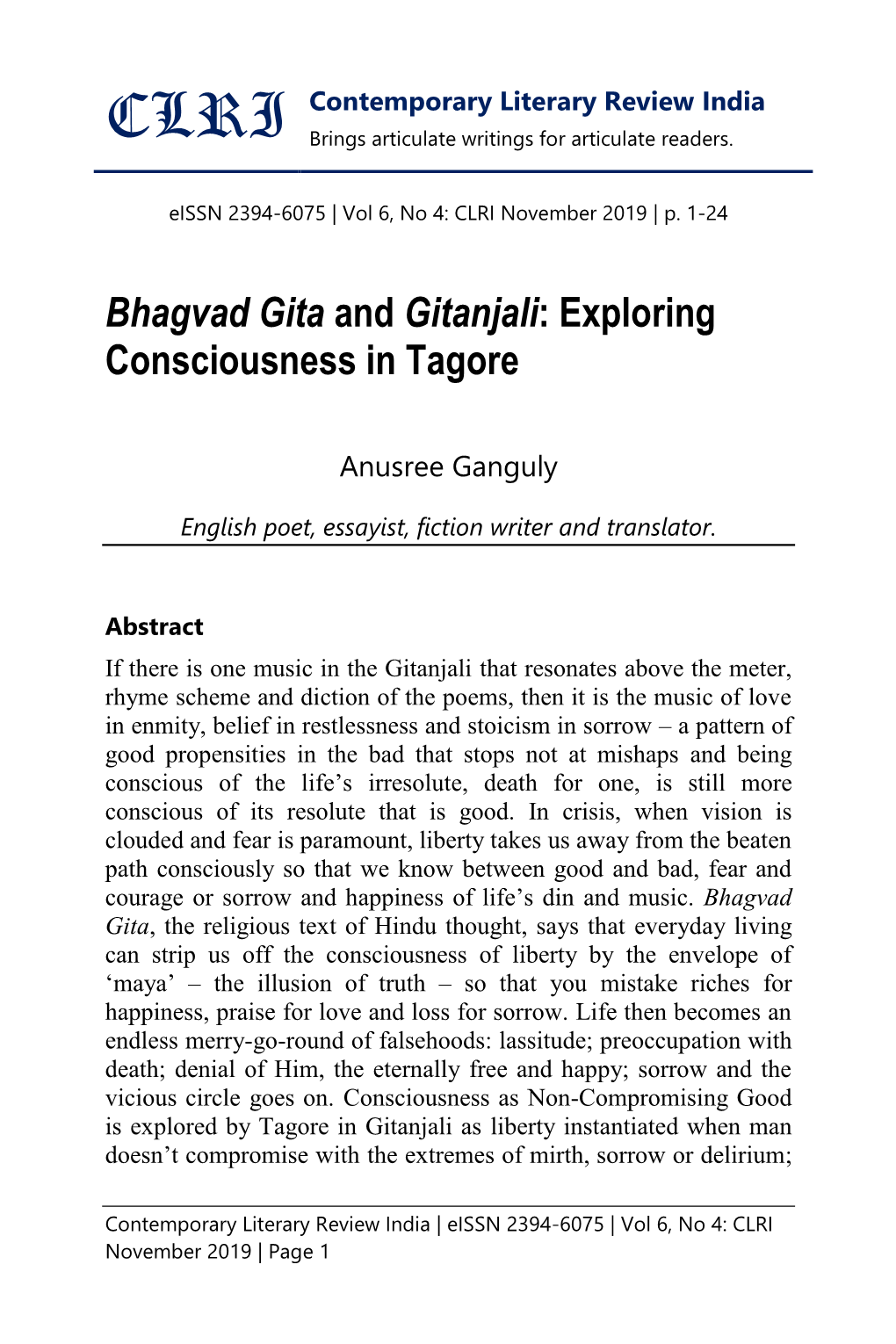 Bhagvad Gita and Gitanjali: Exploring Consciousness in Tagore