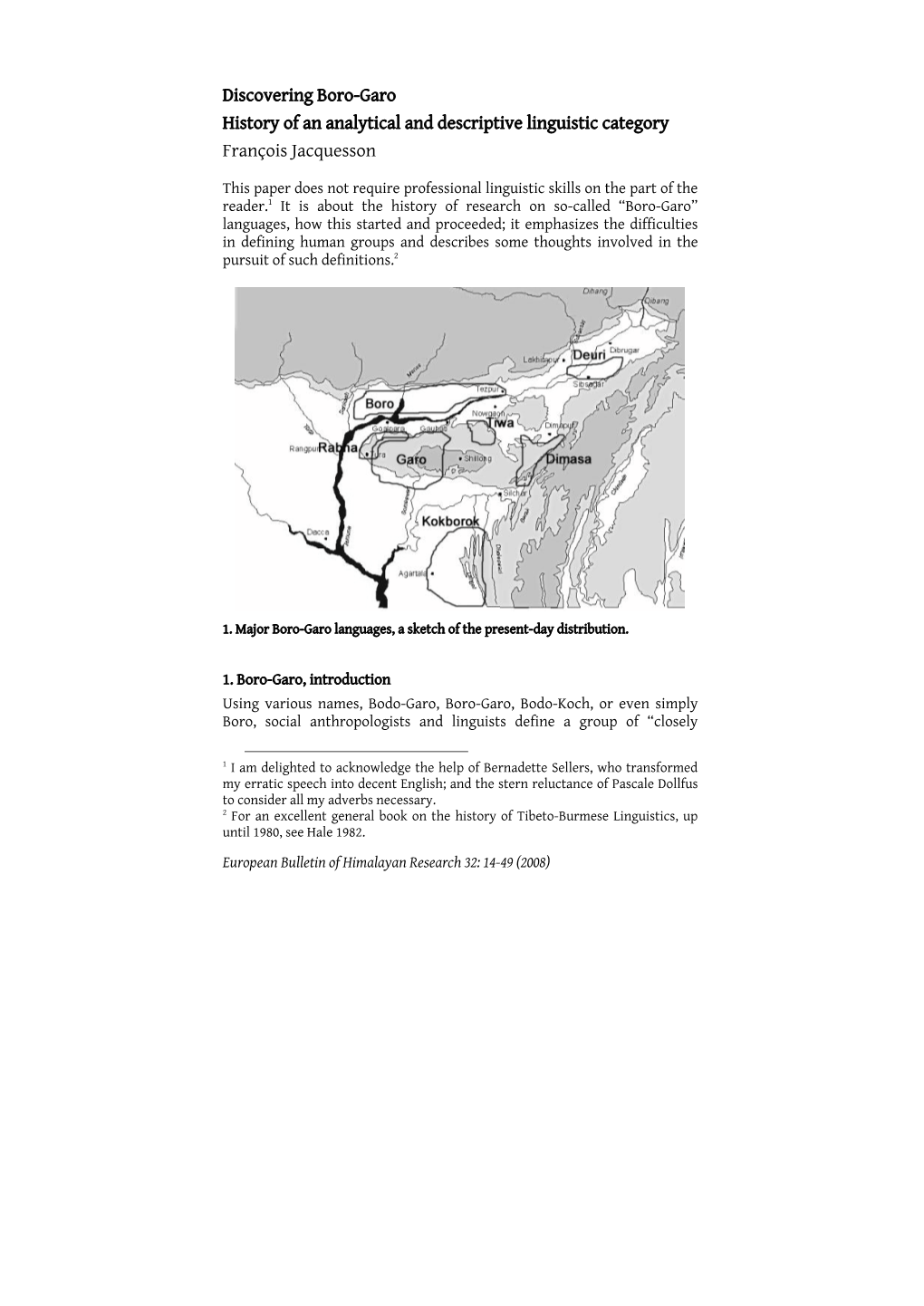 Discovering Boro-Garo History of an Analytical and Descriptive Linguistic Category François Jacquesson