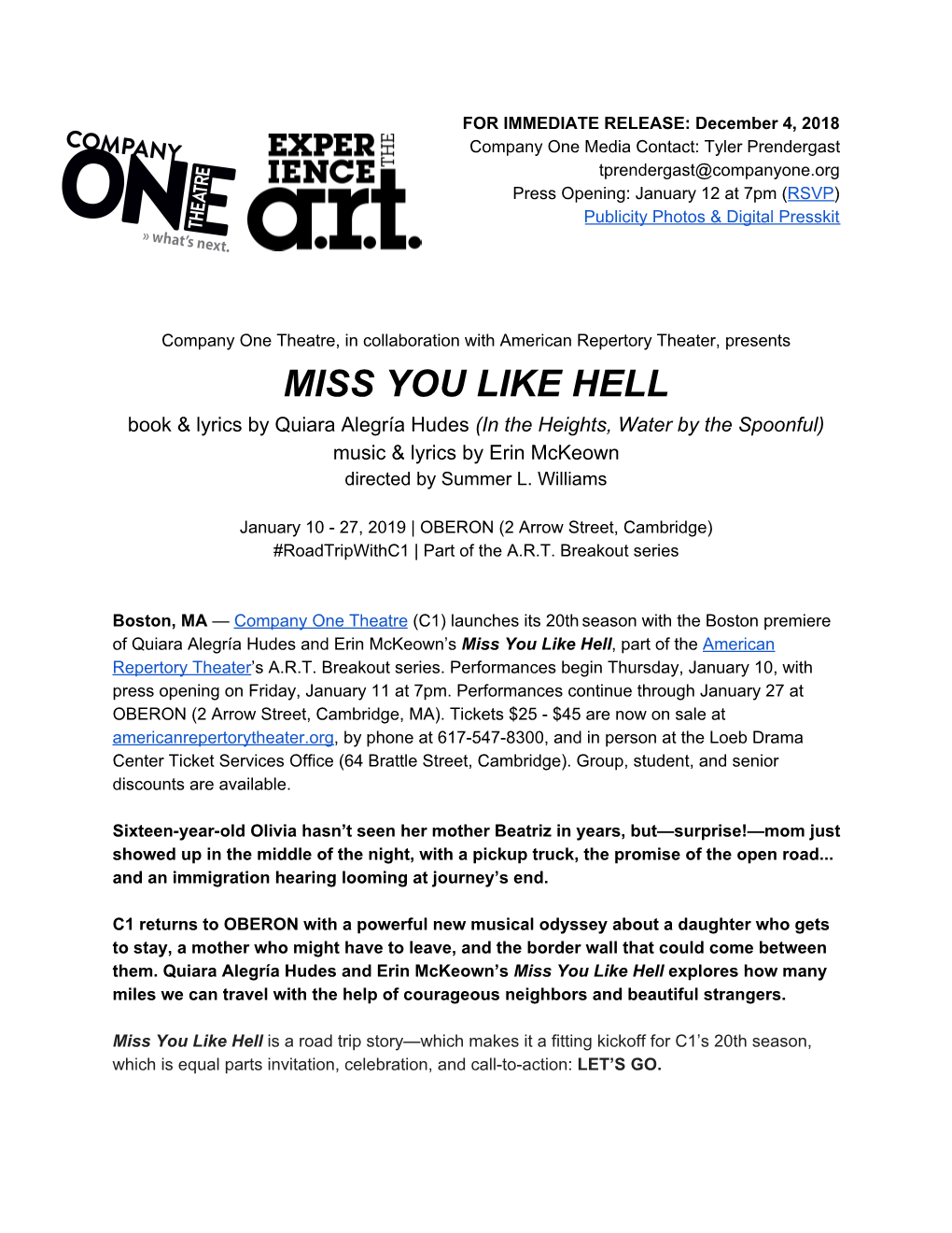 MISS YOU LIKE HELL Book & Lyrics by Quiara Alegría Hudes (In the Heights, Water by the Spoonful) ​ Music & Lyrics by Erin Mckeown Directed by Summer L