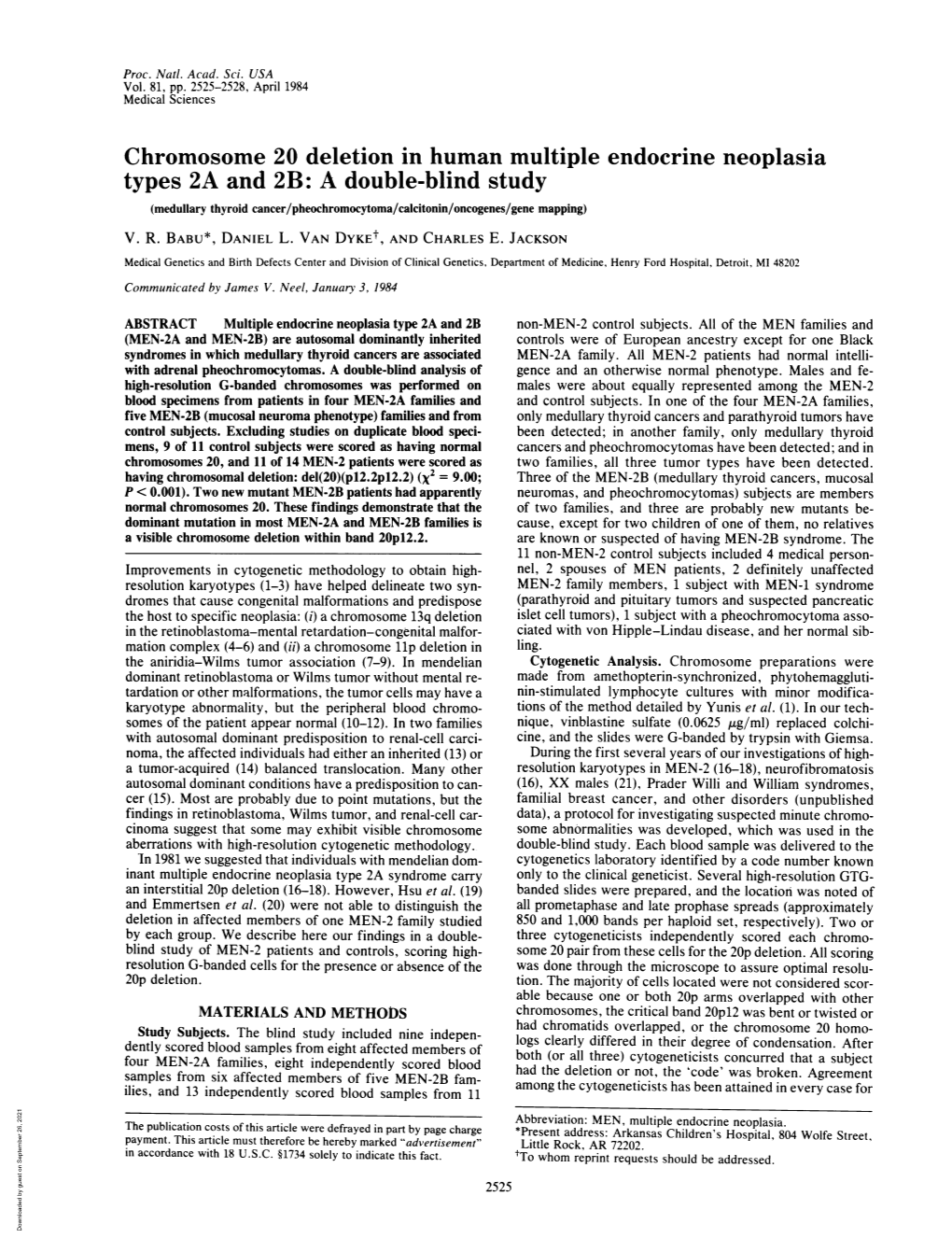 Chromosome 20 Deletion in Human Multiple Endocrine Neoplasia