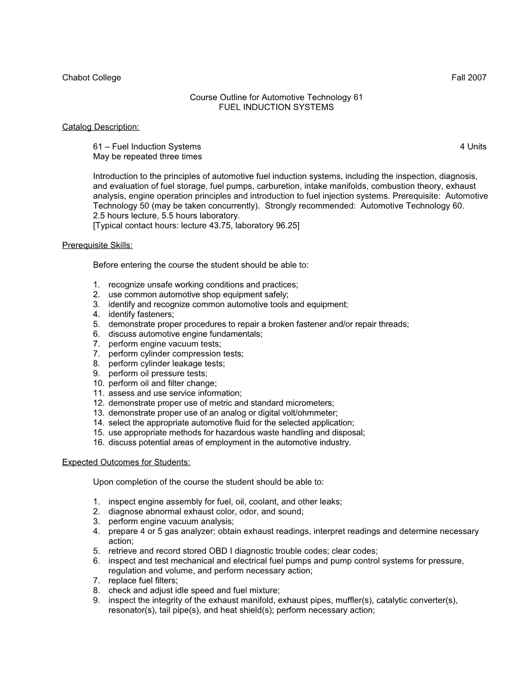 Course Outline for Automotive Technology 61