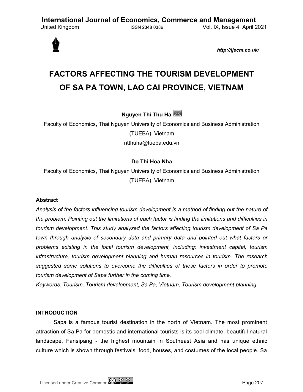 Factors Affecting the Tourism Development of Sa Pa Town, Lao Cai Province, Vietnam