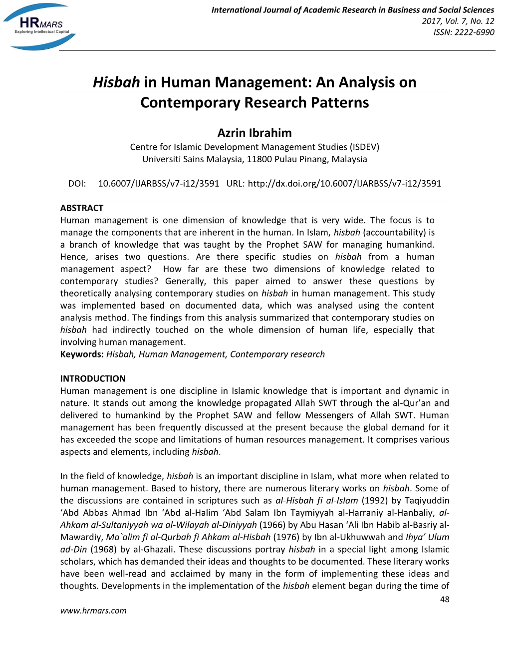 Hisbah in Human Management: an Analysis on Contemporary Research Patterns