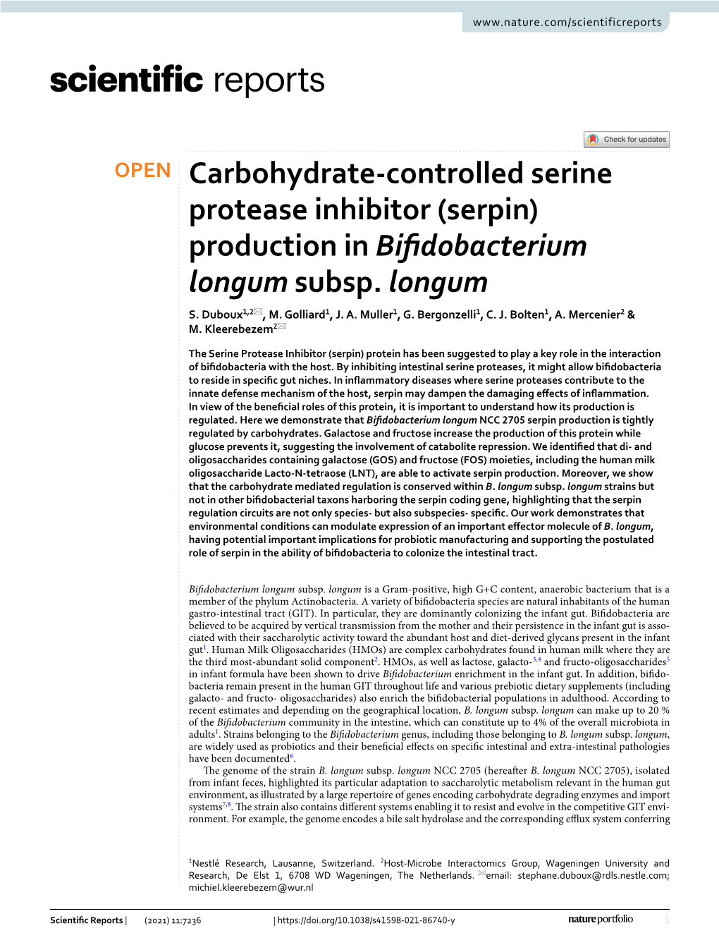 Carbohydrate-Controlled Serine Protease Inhibitor (Serpin) Production in Bifidobacterium Longum Subsp. Longum