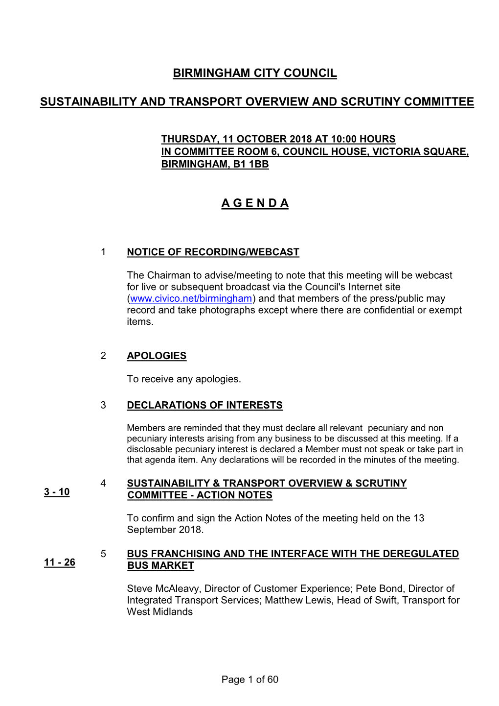 Birmingham City Council Sustainability and Transport Scrutiny Committee Meeting October 2018