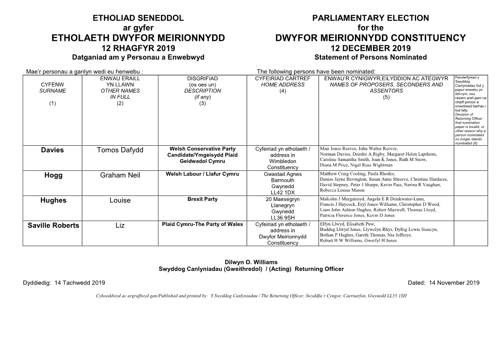 DWYFOR MEIRIONNYDD CONSTITUENCY 12 RHAGFYR 2019 12 DECEMBER 2019 Datganiad Am Y Personau a Enwebwyd Statement of Persons Nominated