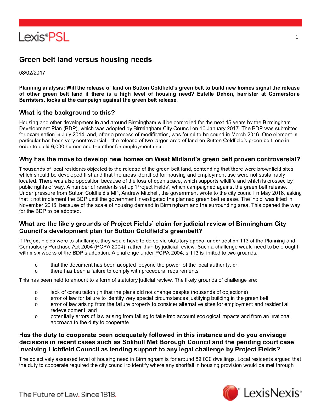 Green Belt Land Versus Housing Needs