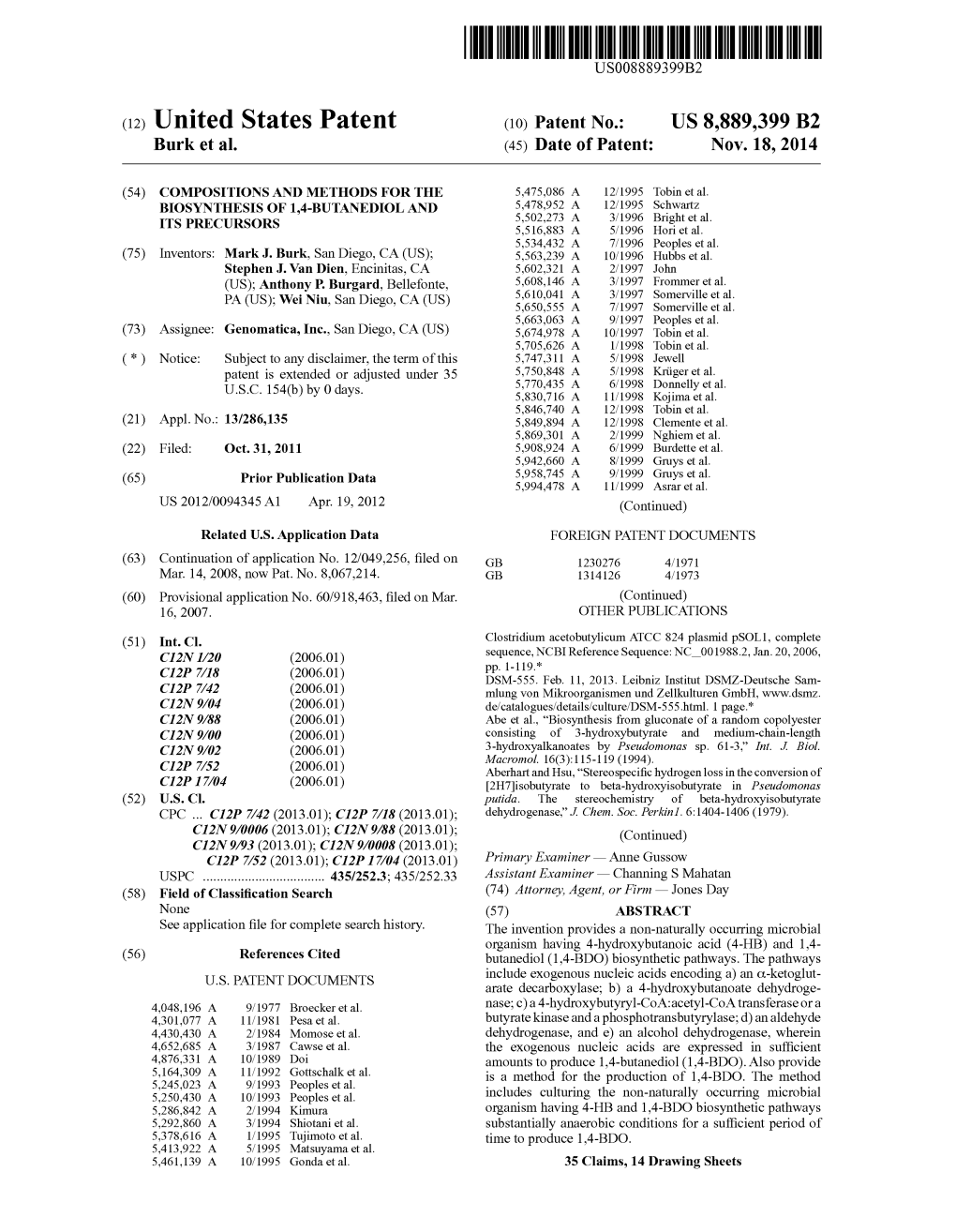 (12) United States Patent (10) Patent No.: US 8,889,399 B2 Burk Et Al
