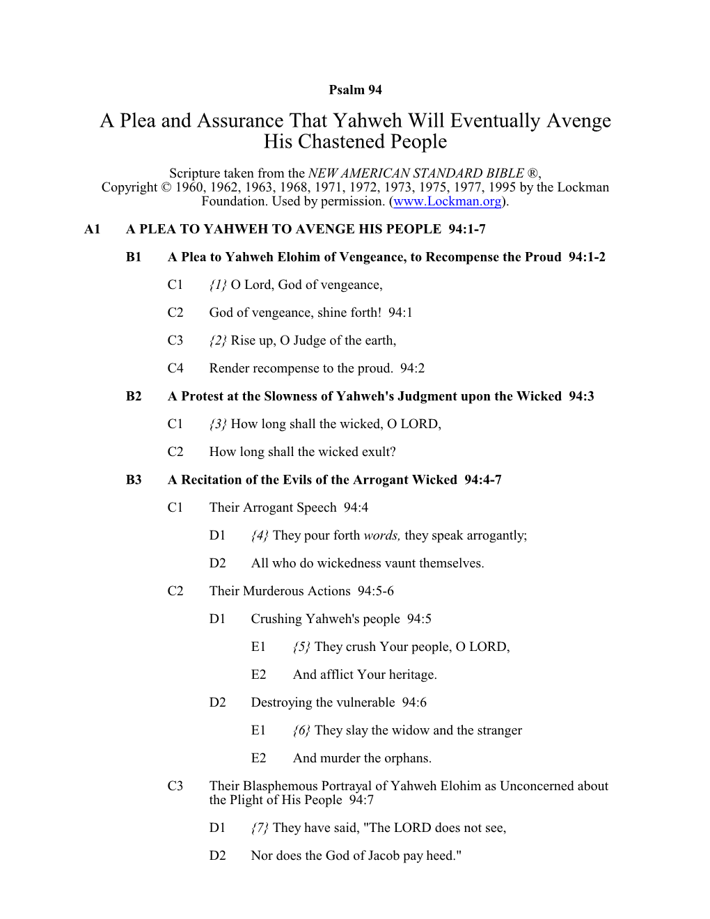 Psalm 94 a Plea and Assurance That Yahweh Will Eventually Avenge His Chastened People