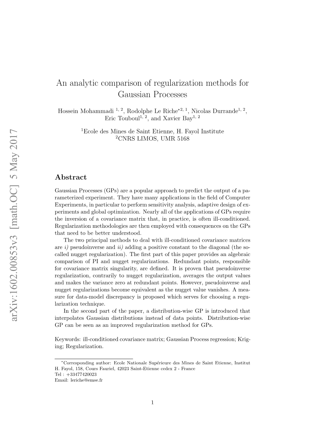 Arxiv:1602.00853V3 [Math.OC] 5 May 2017 GP Can Be Seen As an Improved Regularization Method for Gps