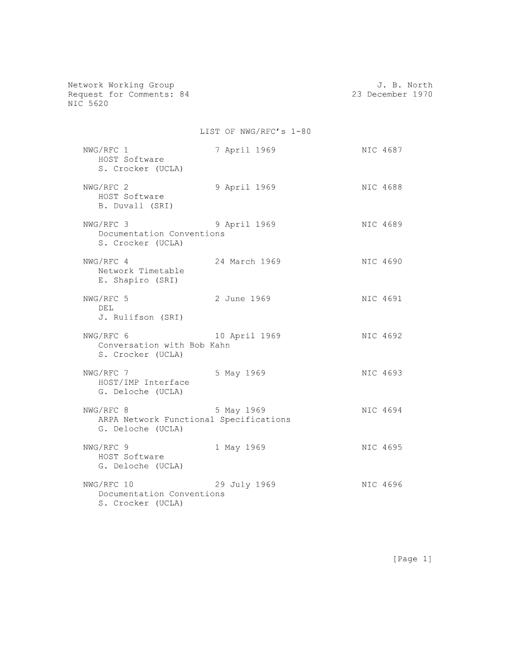 Network Working Group J. B. North Request for Comments: 84 23 December 1970 NIC 5620