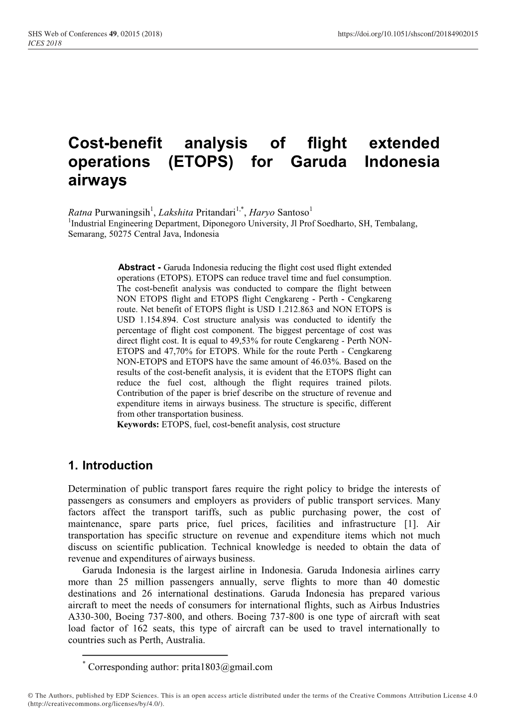 Cost-Benefit Analysis of Flight Extended Operations (ETOPS) for Garuda Indonesia Airways