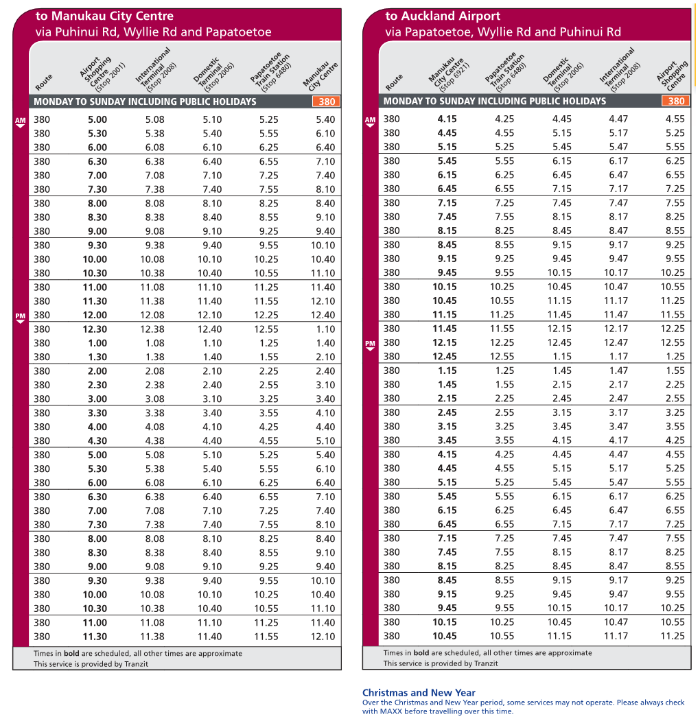 To Manukau City Centre Via Puhinui Rd, Wyllie Rd and Papatoetoe To