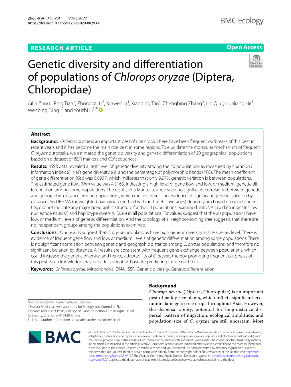 Genetic Diversity and Differentiation of Populations of Chlorops Oryzae
