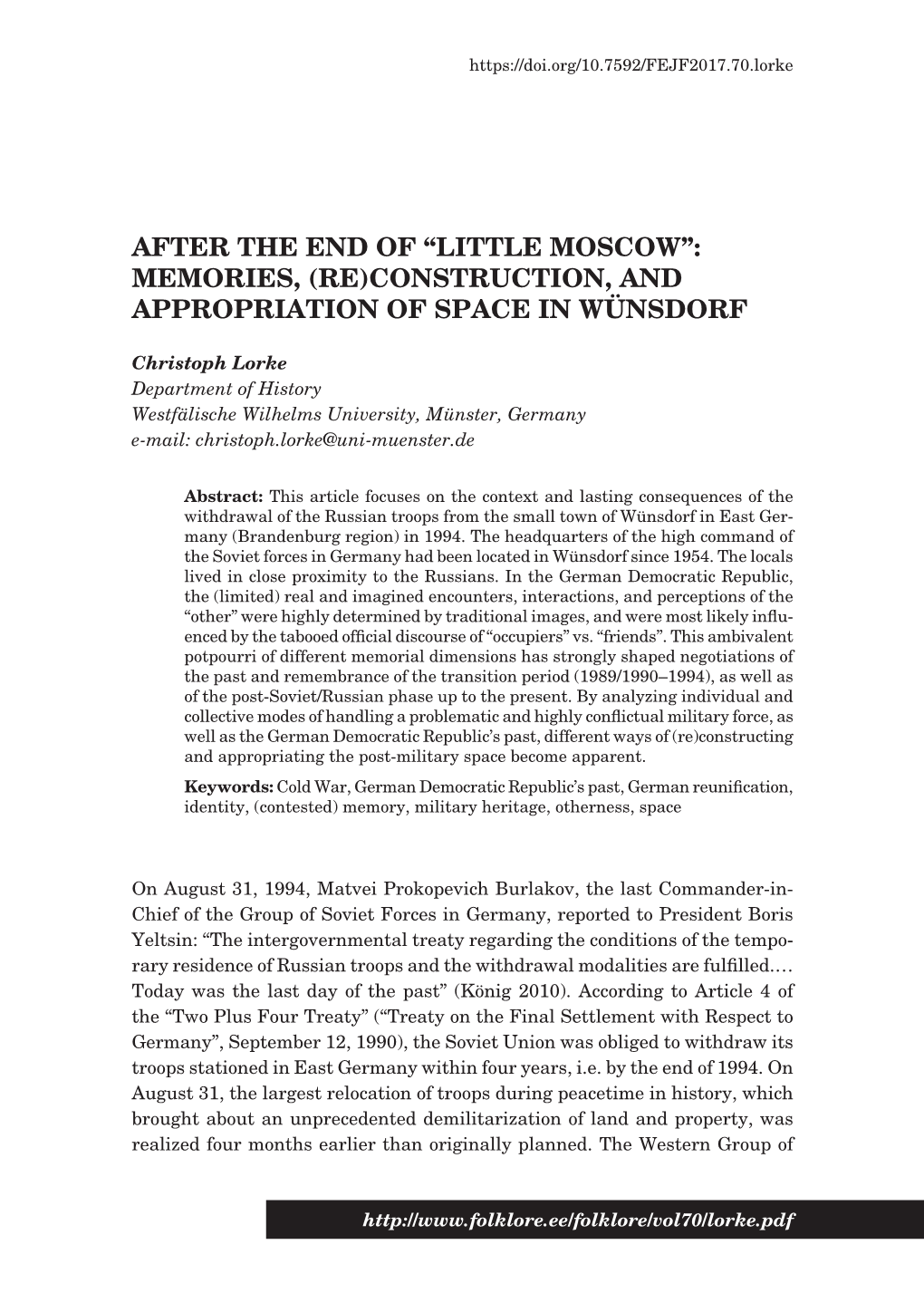 Little Moscow”: Memories, (Re)Construction, and Appropriation of Space in Wünsdorf
