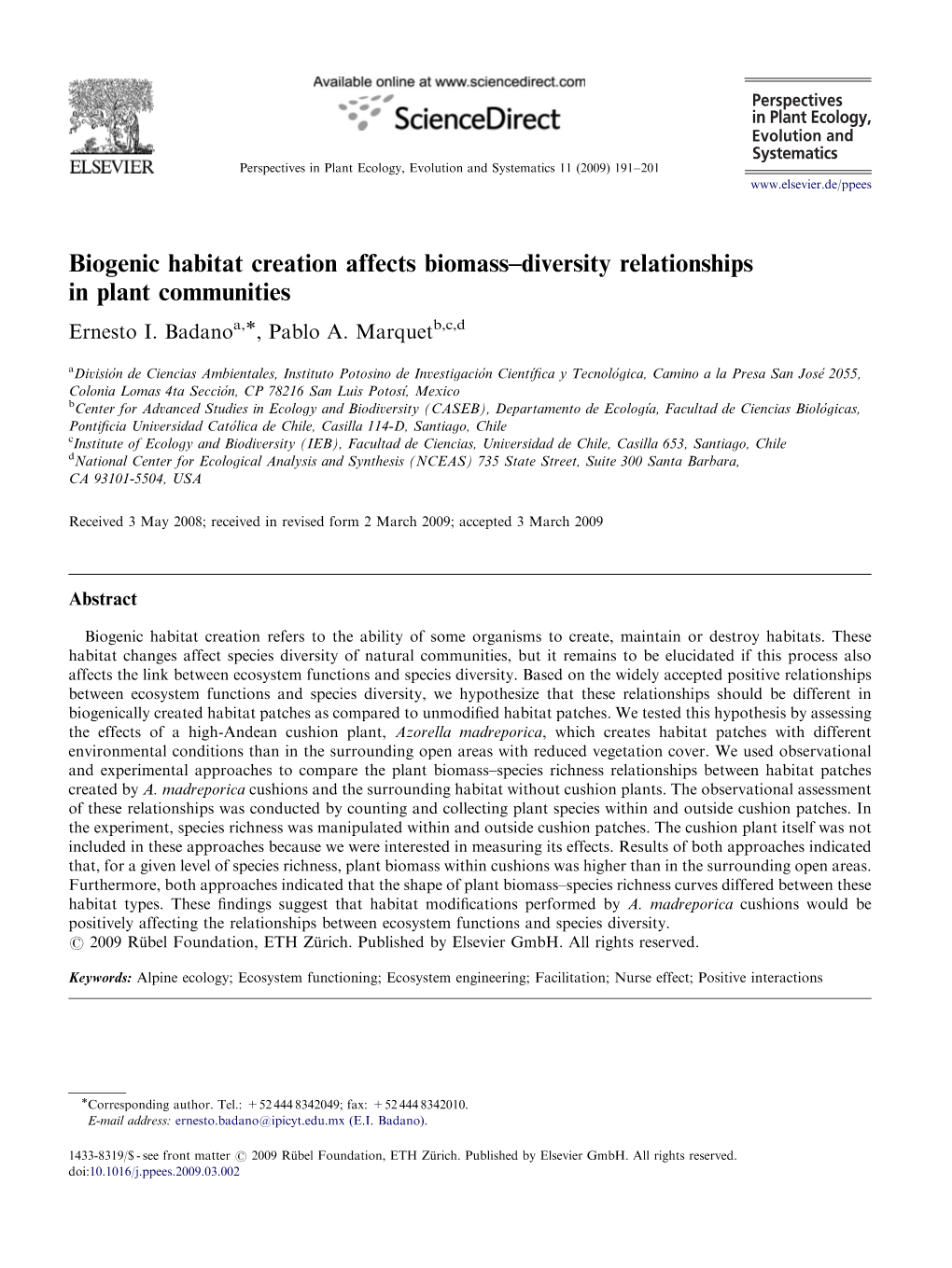 Biogenic Habitat Creation Affects Biomass–Diversity Relationships in Plant Communities Ernesto I