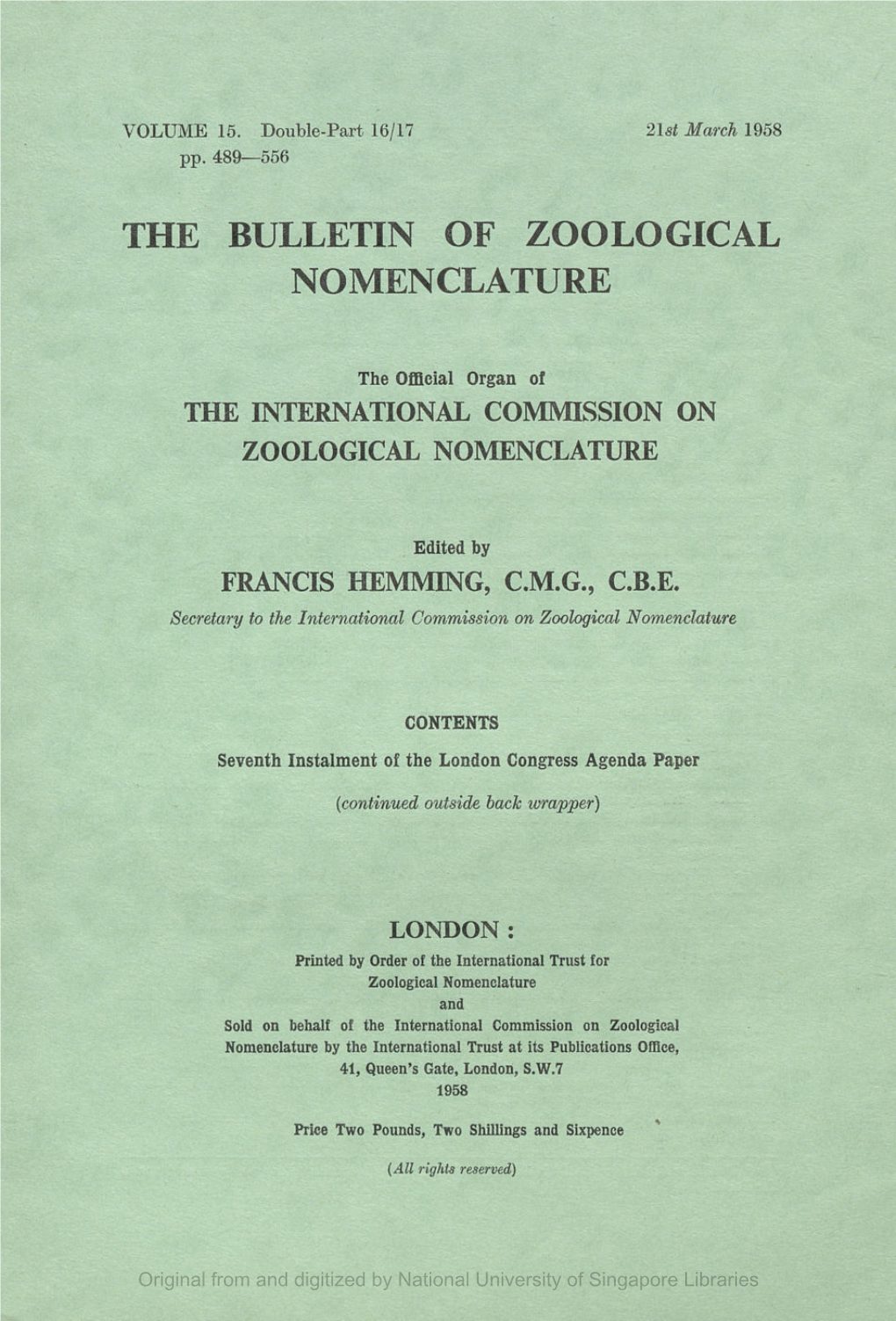 The Bulletin of Zoological Nomenclature. Vol 15, Part 16 to 17