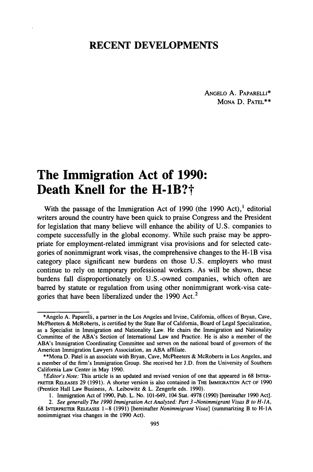 The Immigrations Act of 1990: Death Knell for the H-1B