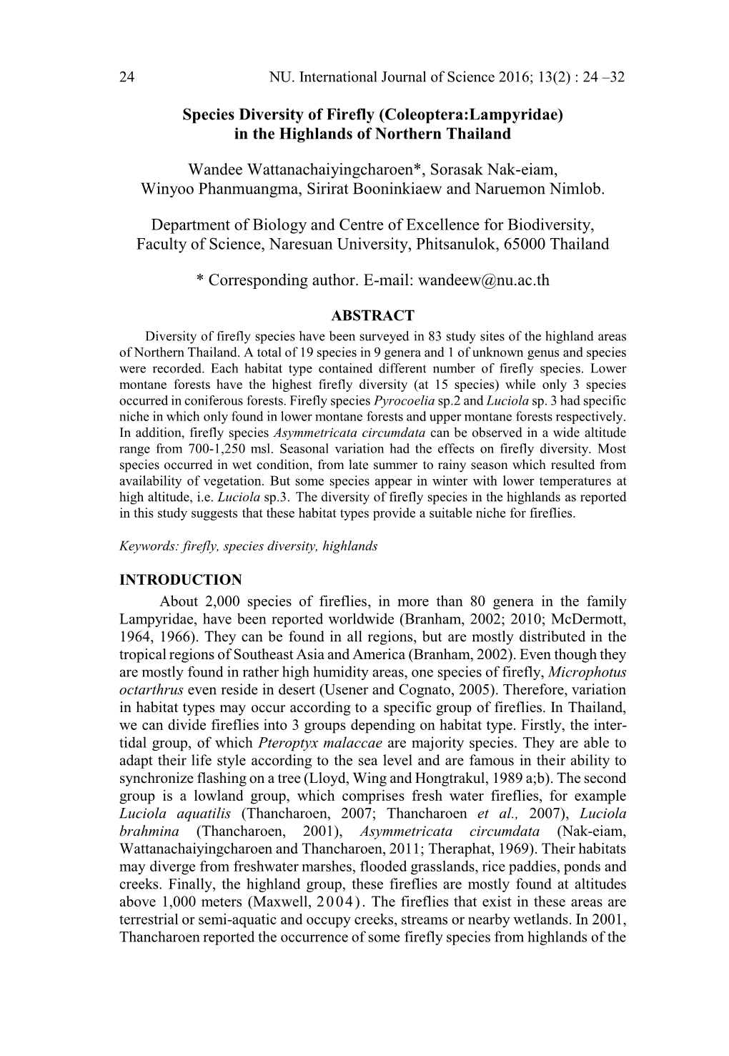 Species Diversity of Firefly (Coleoptera:Lampyridae) in the Highlands of Northern Thailand