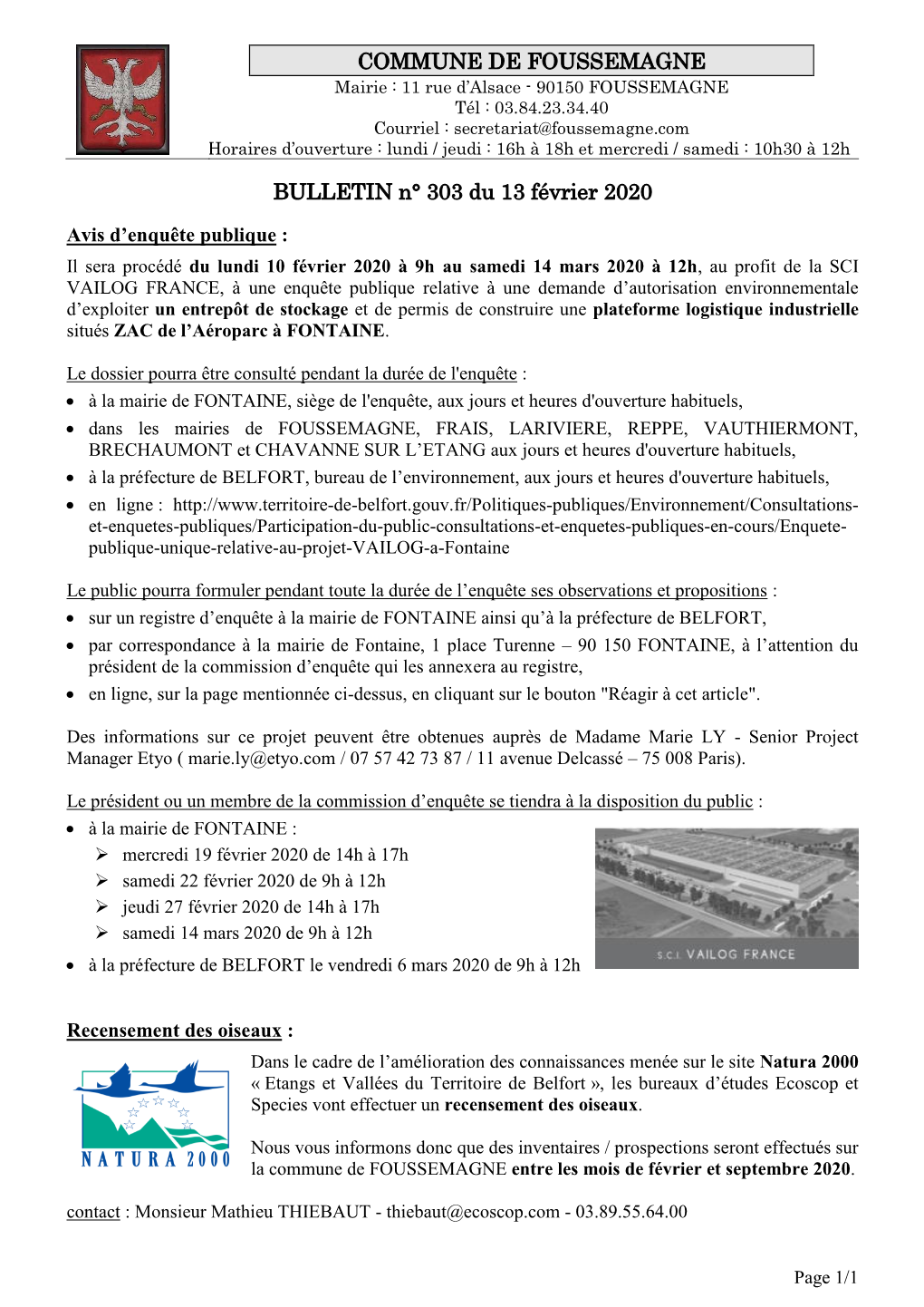 COMMUNE DE FOUSSEMAGNE BULLETIN N° 303 Du 13 Février 2020