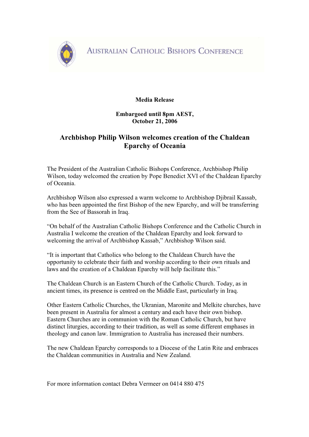 Archbishop Philip Wilson Welcomes Creation of the Chaldean Eparchy of Oceania