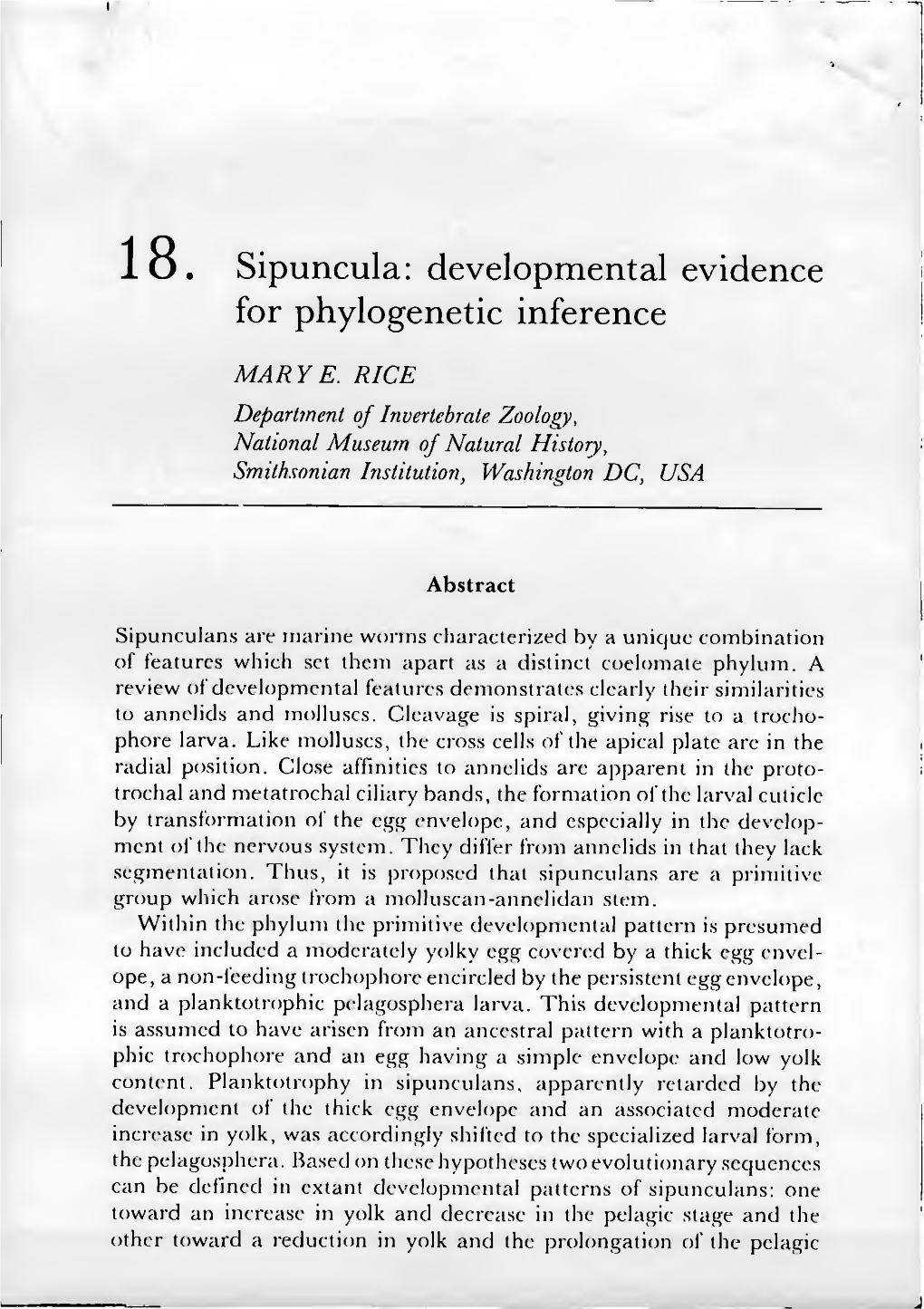 Lö. Sipuncula: Developmental Evidence for Phylogenetic Inference