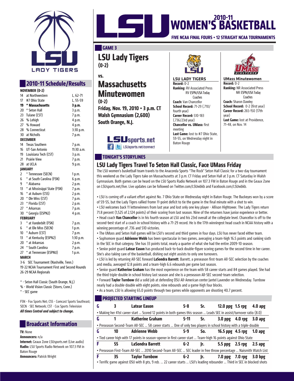 Game 3 Notes Vs. Umass 11.19.10.Indd