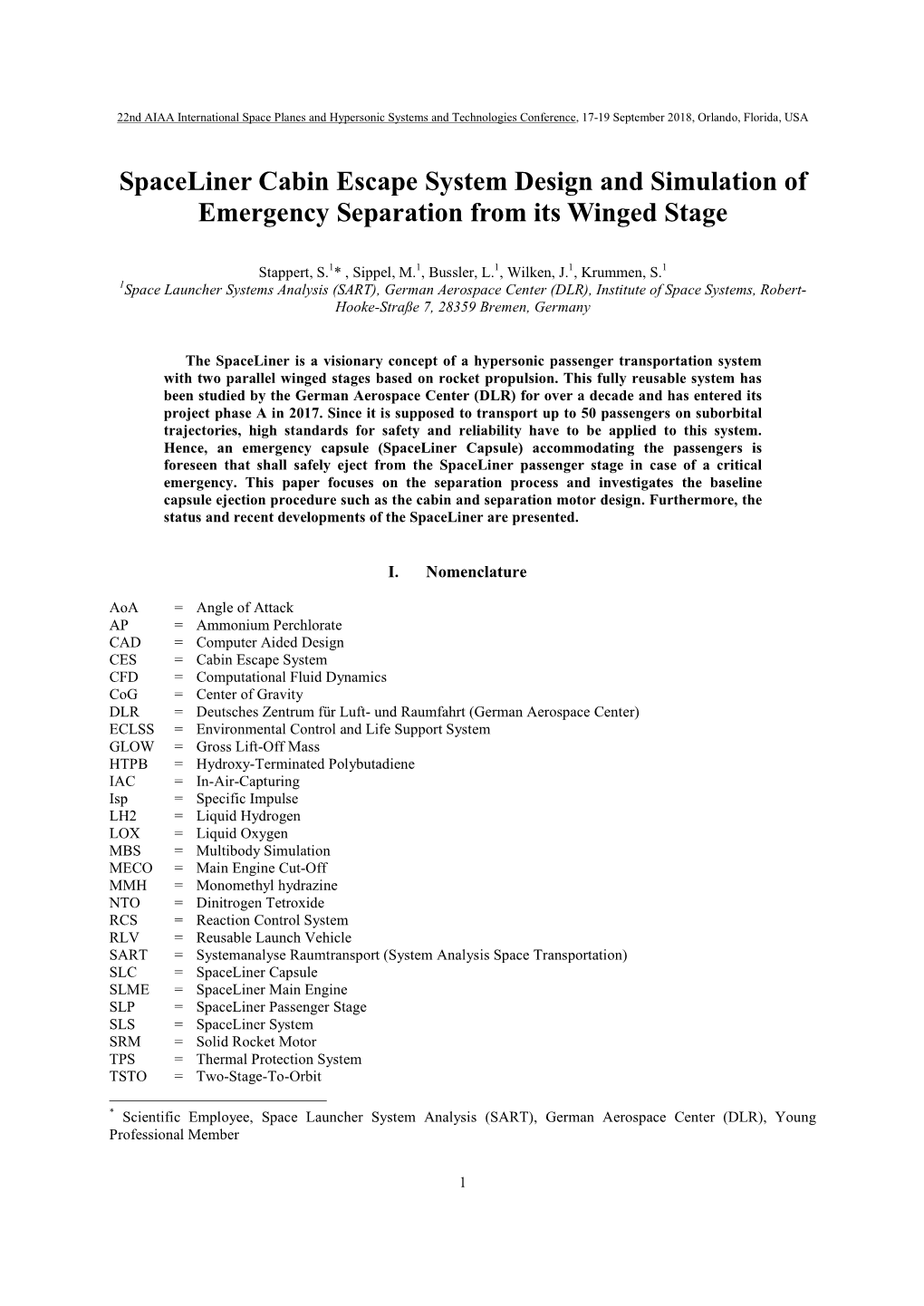 Spaceliner Cabin Escape System Design and Simulation of Emergency Separation from Its Winged Stage